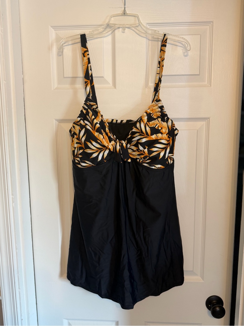 Black One-Piece Swimdress with Yellow Leaf Print Bust